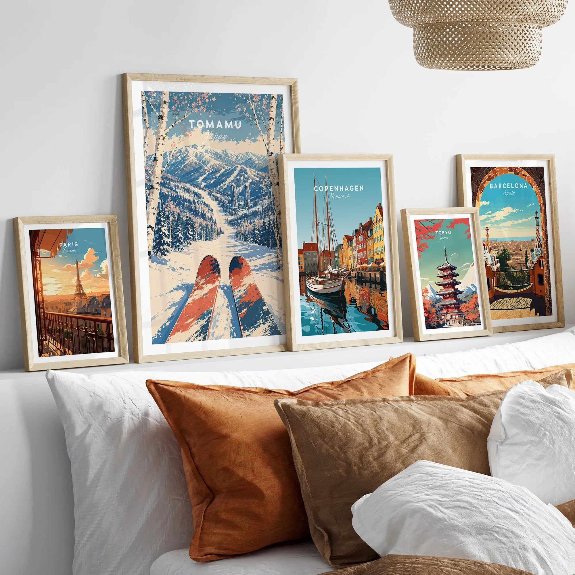 Tomamu Japan Ski Run Travel Poster — set five framed artprints above bed natural wood frames