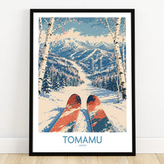 Tomamu Japan Slopes Wall Art — art print in black frame on wooden floor
