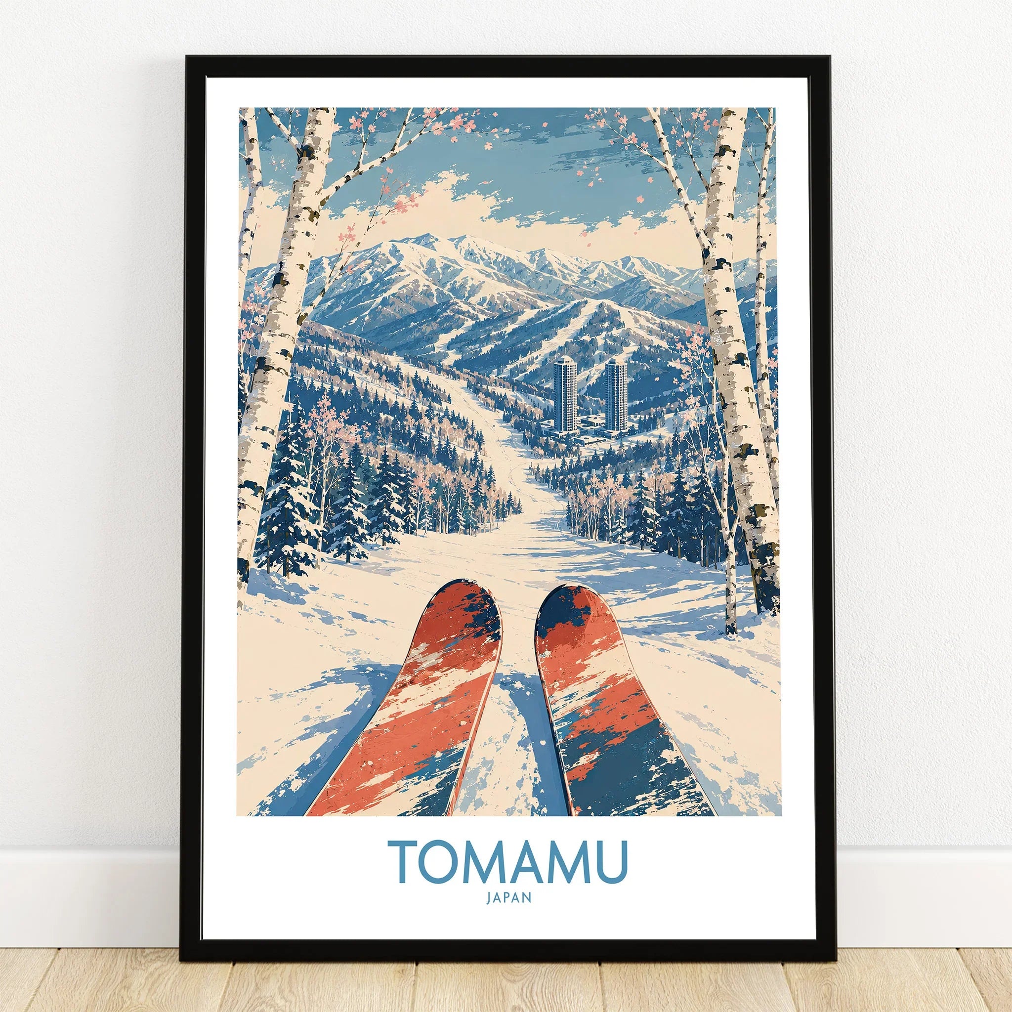 Tomamu Japan Slopes Wall Art — art print in black frame on wooden floor