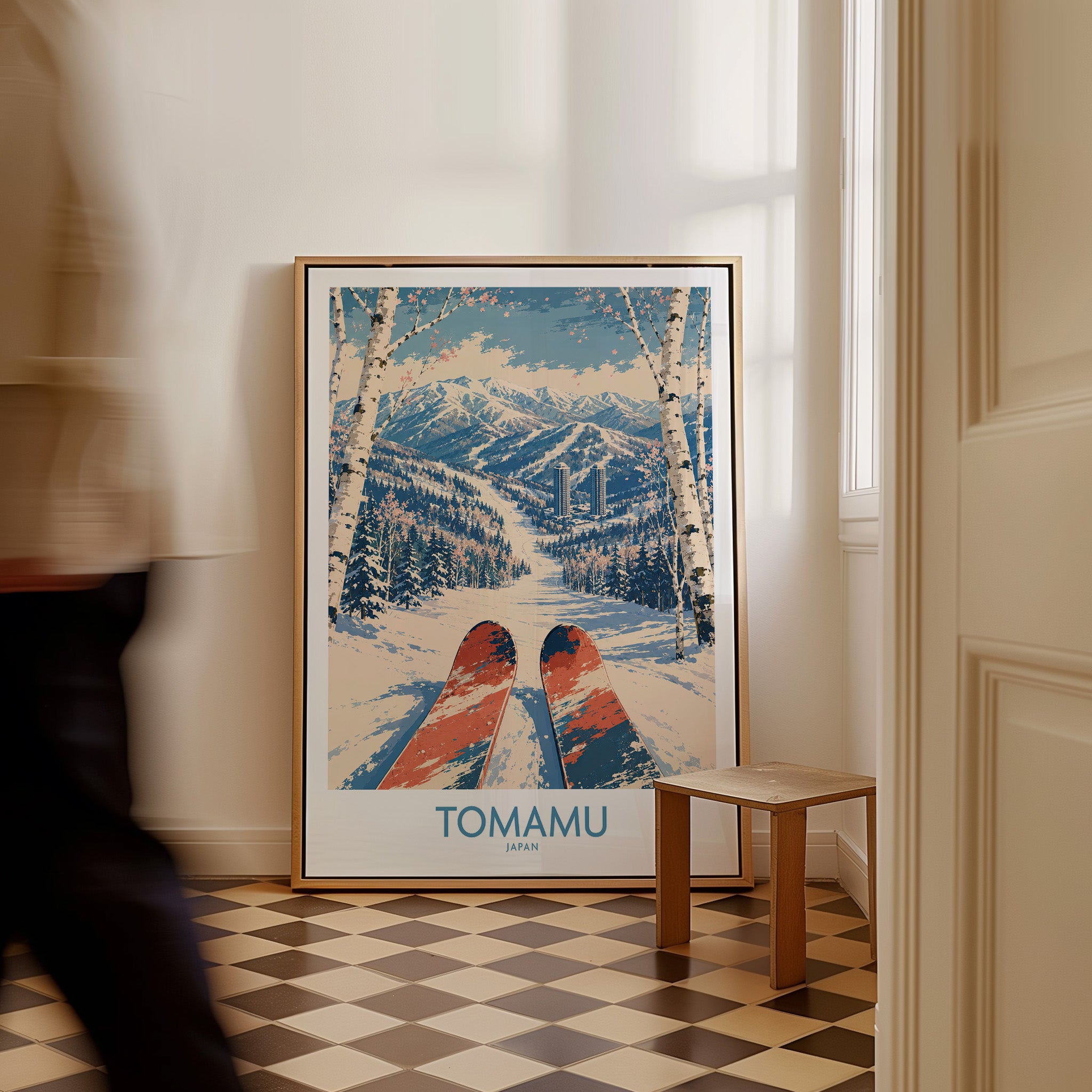 Tomamu Japan Slopes Wall Art — framed canvas on floor man walking past