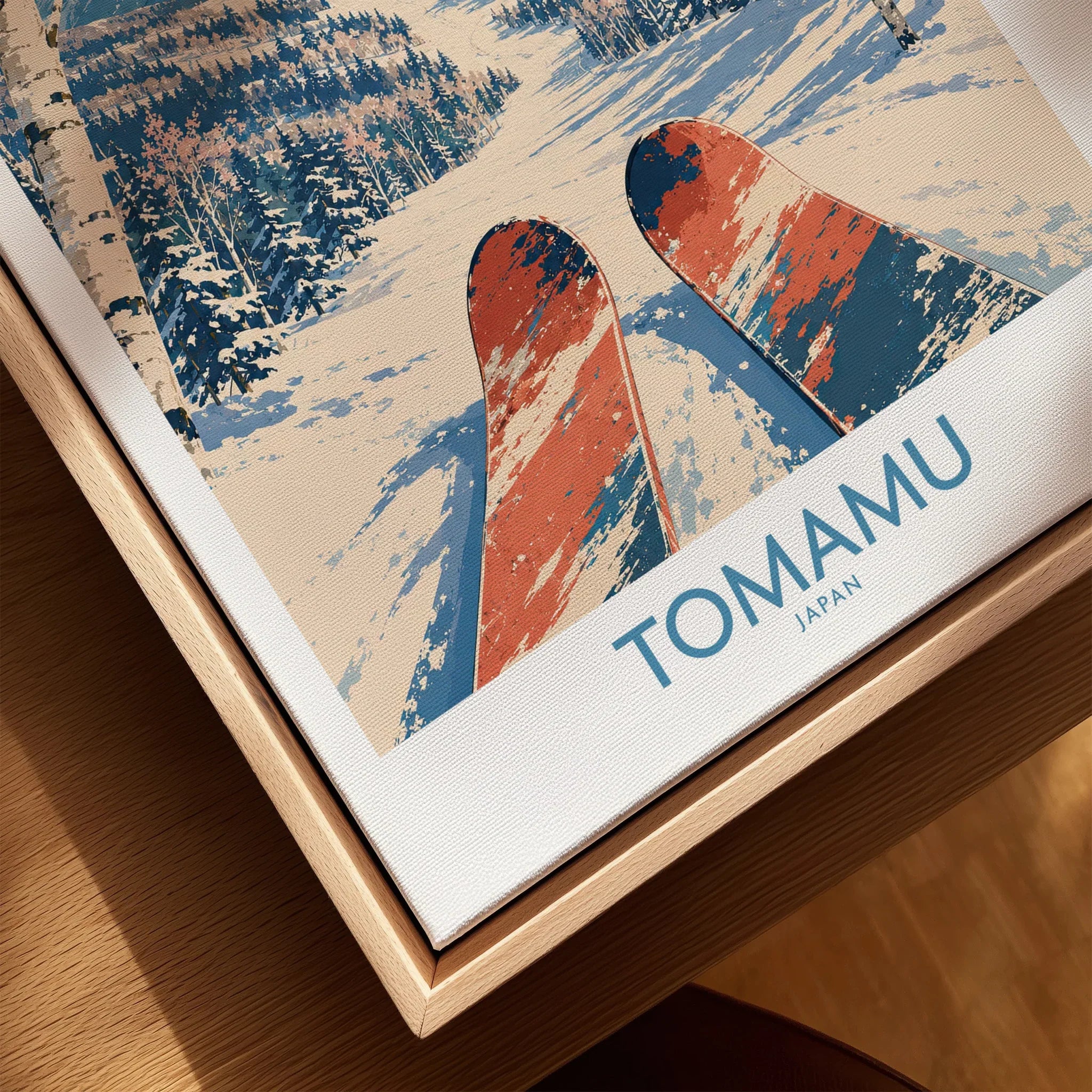 Tomamu Japan Slopes Wall Art — closeup framed canvas natural wood floating frame