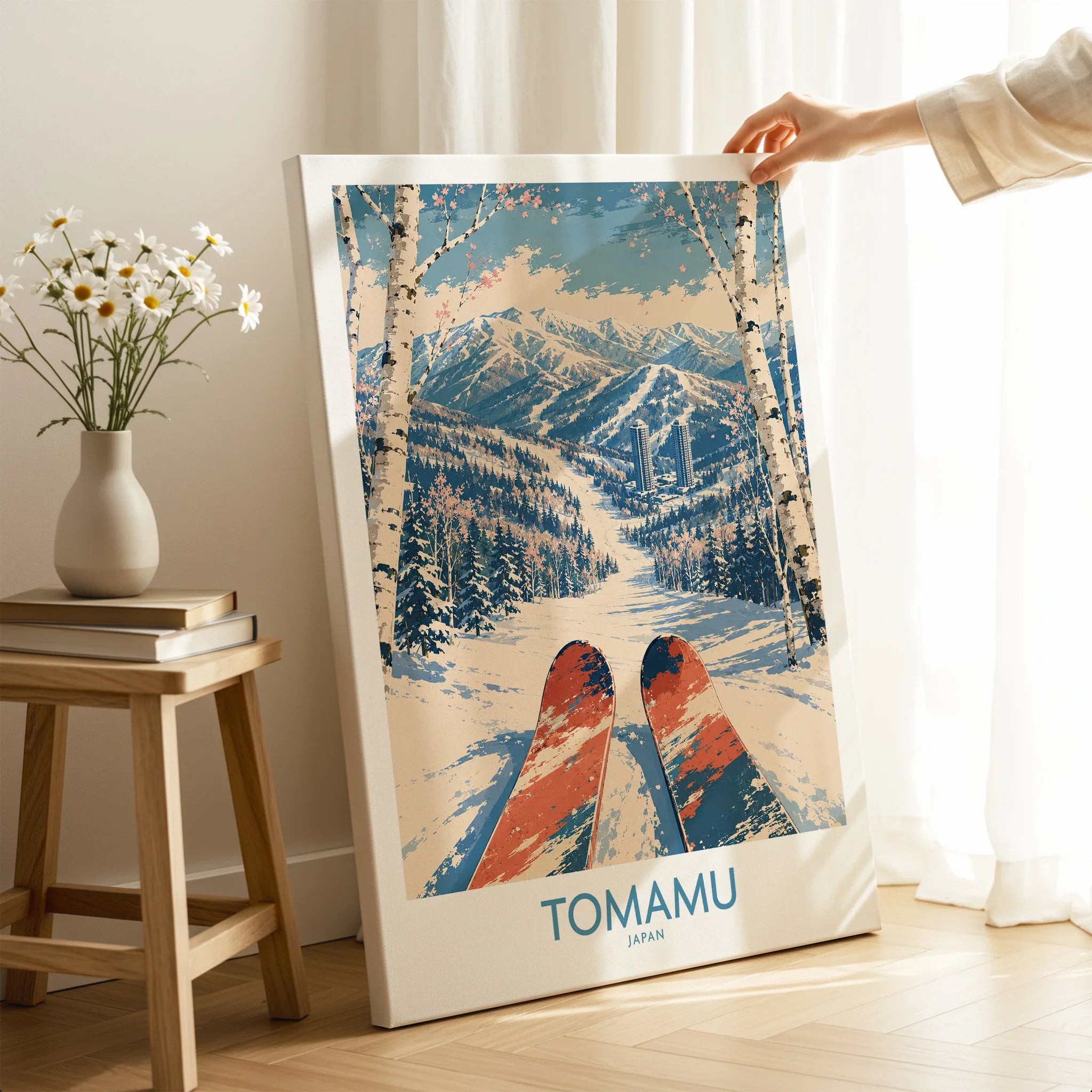 Tomamu Japan Slopes Wall Art — canvas print mirror edge hand holding room setting
