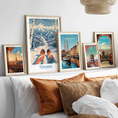 Tomamu Japan Slopes Wall Art — set five framed artprints above bed natural wood frames