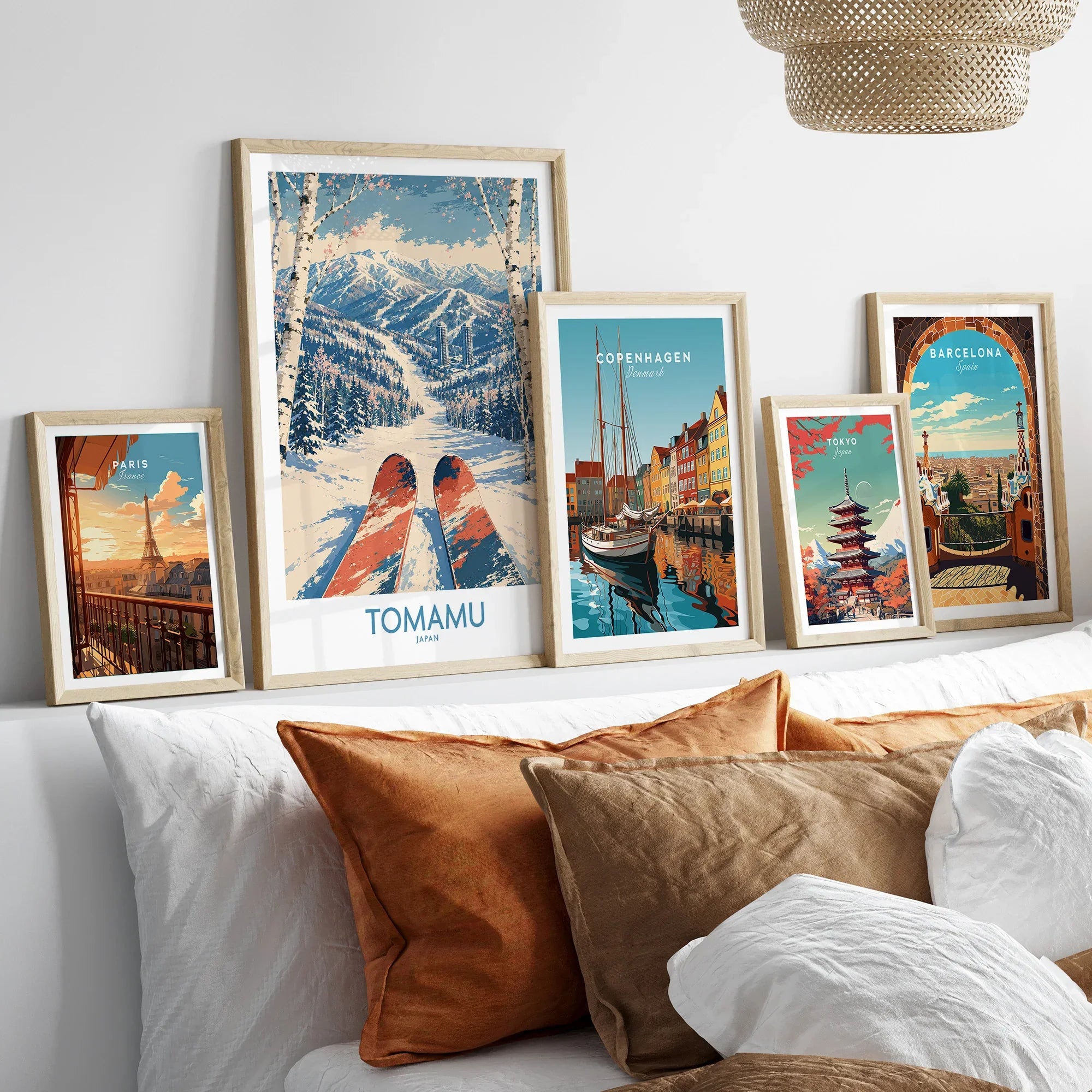 Tomamu Japan Slopes Wall Art — set five framed artprints above bed natural wood frames