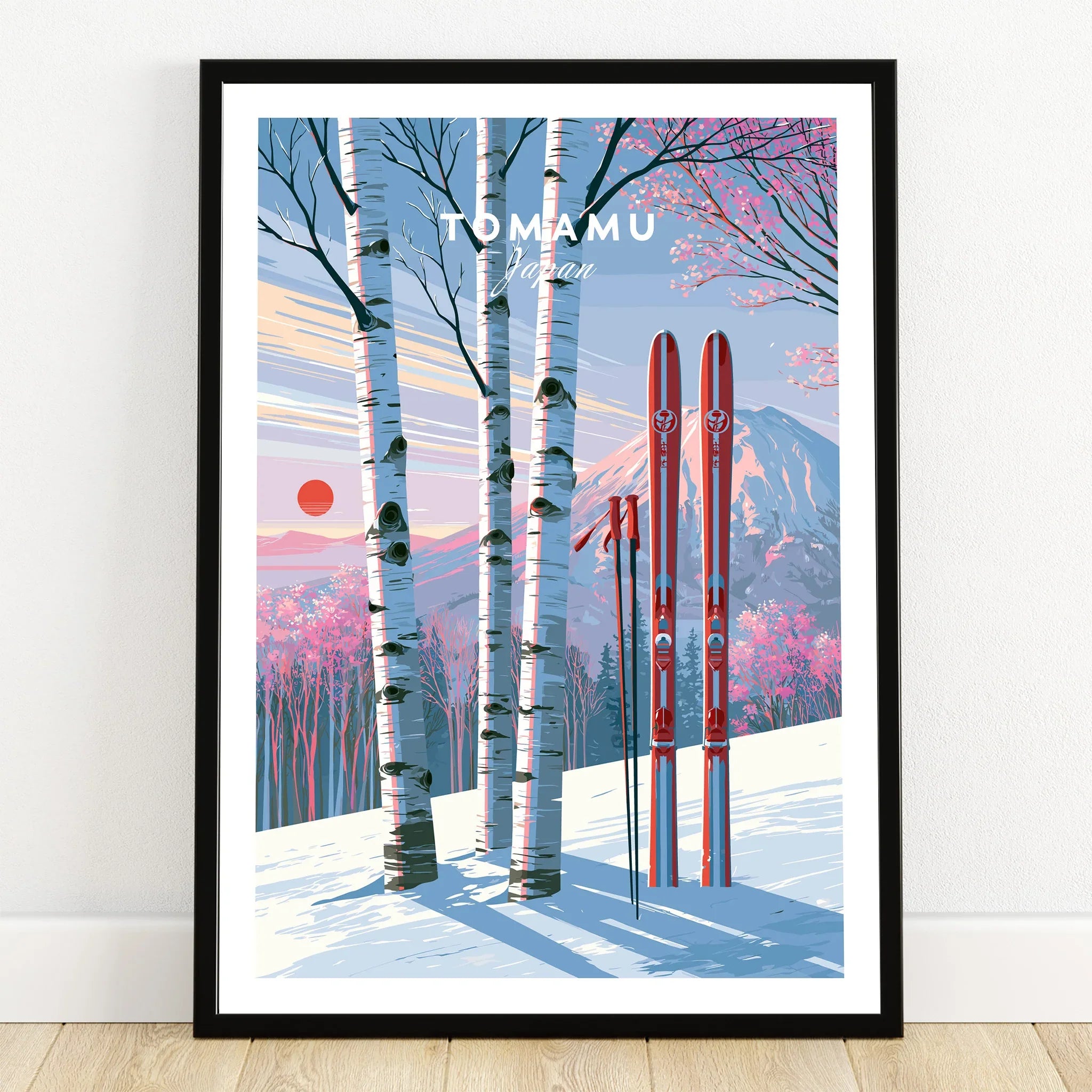 Tomamu Japan Sunset Travel Poster — art print in black frame on wooden floor