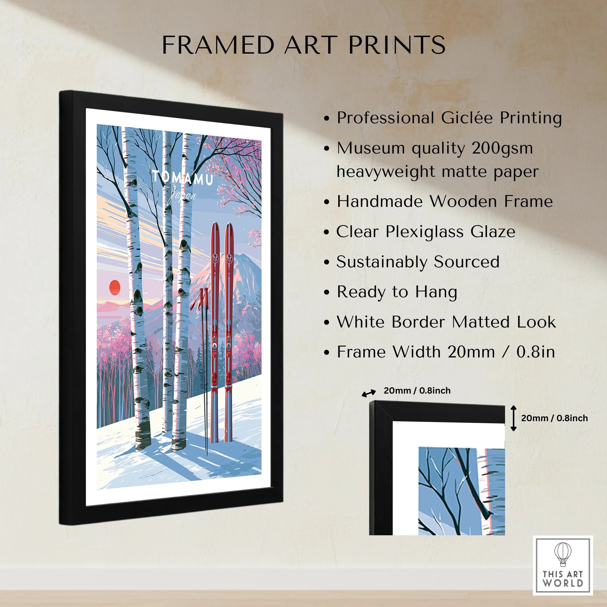 Tomamu Japan Sunset Travel Poster — framed print details measurements quality details