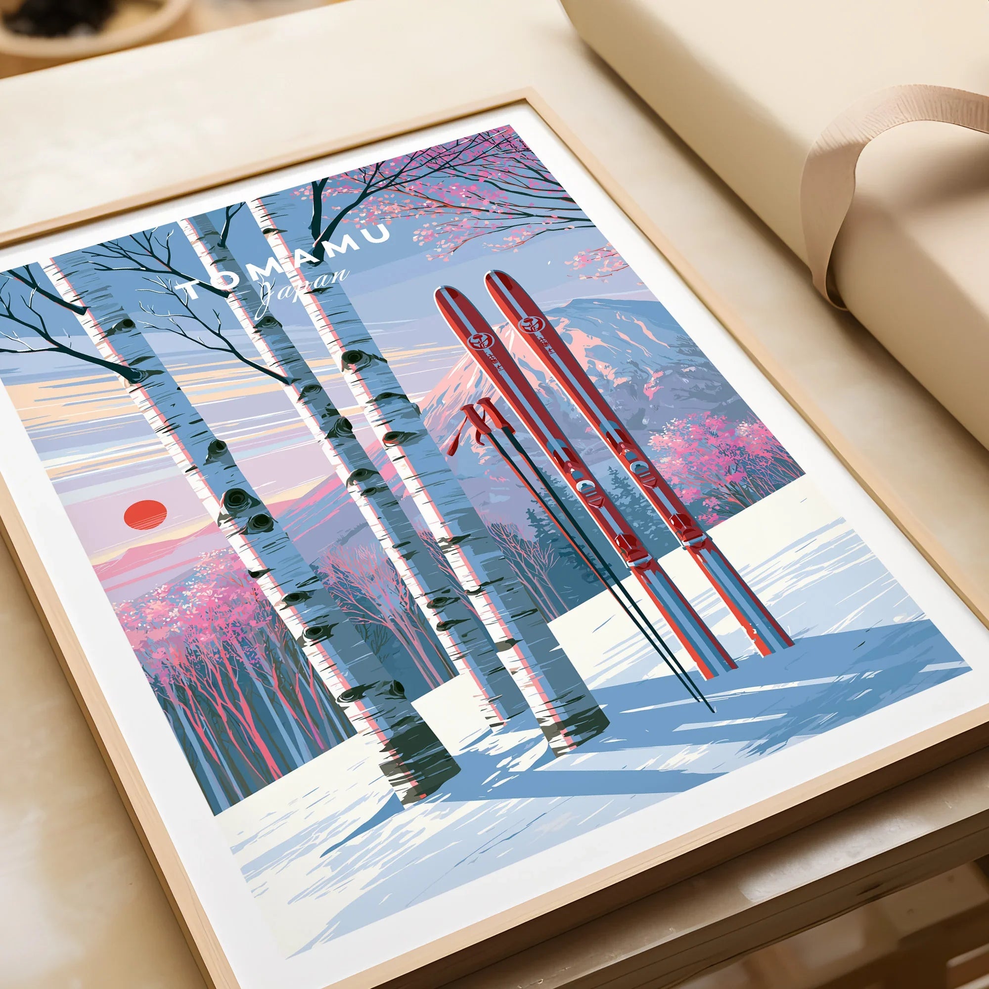 Tomamu Japan Sunset Travel Poster — framed art print closeup gift unwrapped natural frame