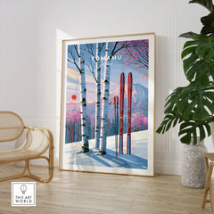 Tomamu Japan Sunset Travel Poster — large framed print room setting chair plant