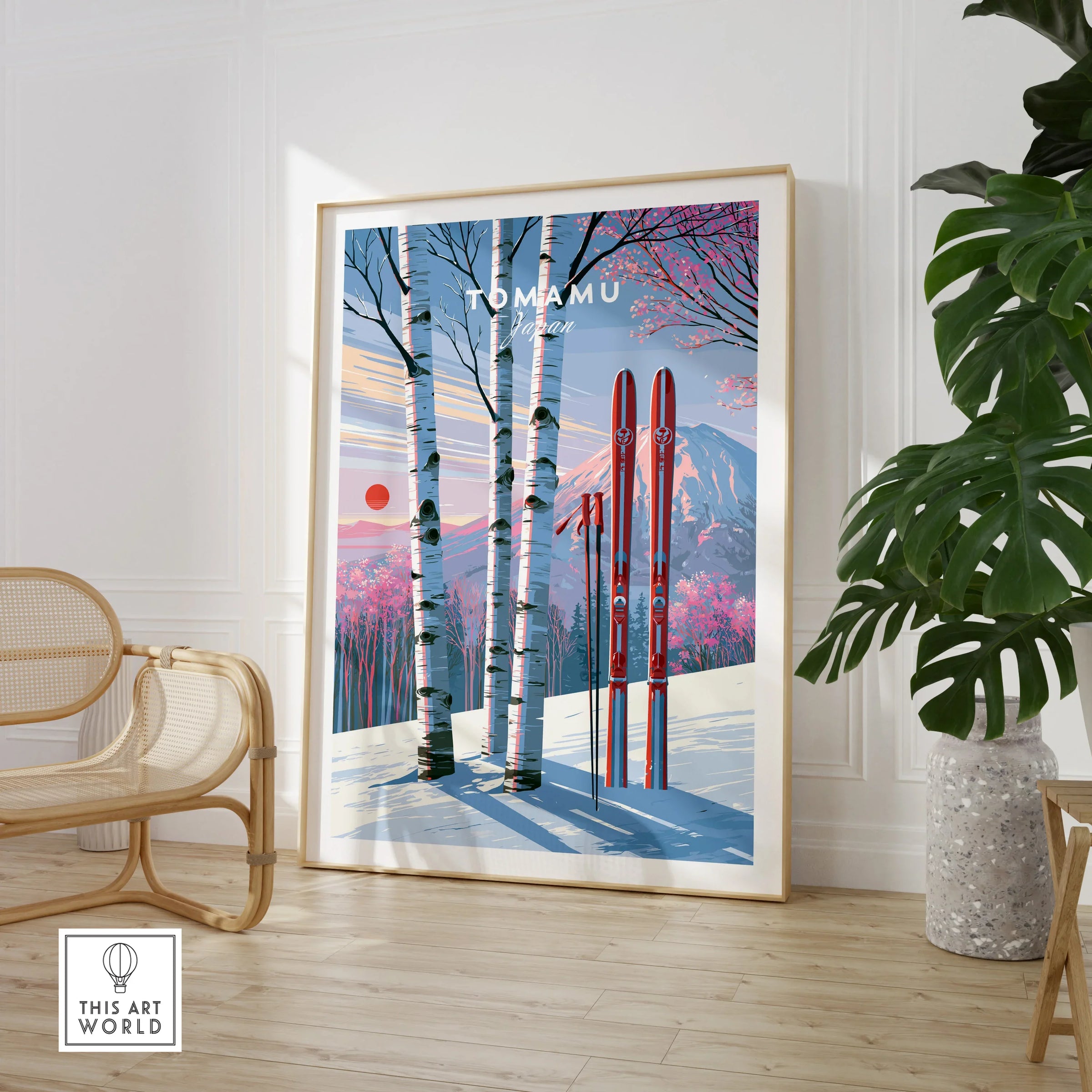 Tomamu Japan Sunset Travel Poster — large framed print room setting chair plant