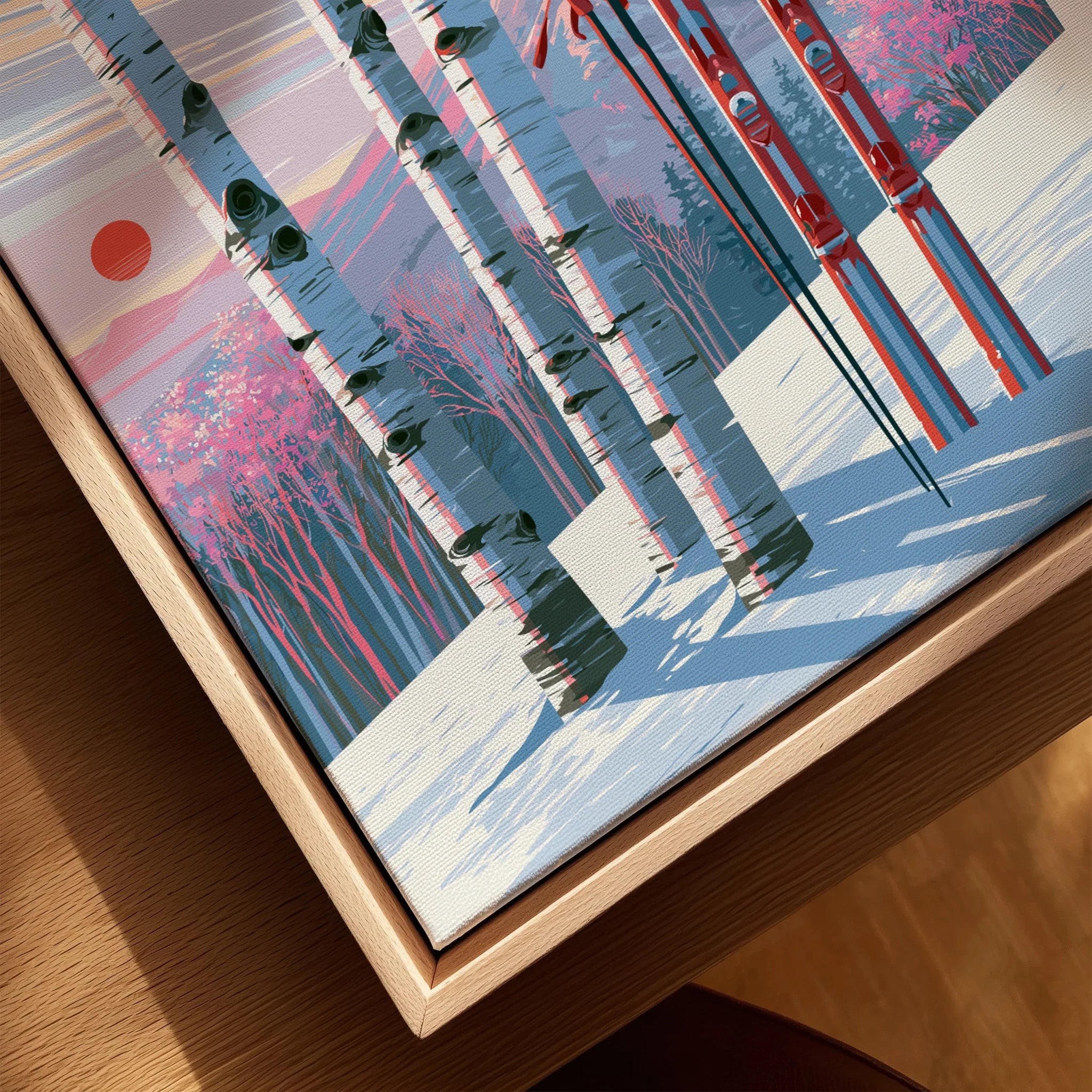 Tomamu Japan Sunset Travel Poster — closeup framed canvas natural wood floating frame