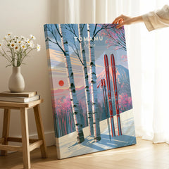 Tomamu Japan Sunset Travel Poster — canvas print mirror edge hand holding room setting