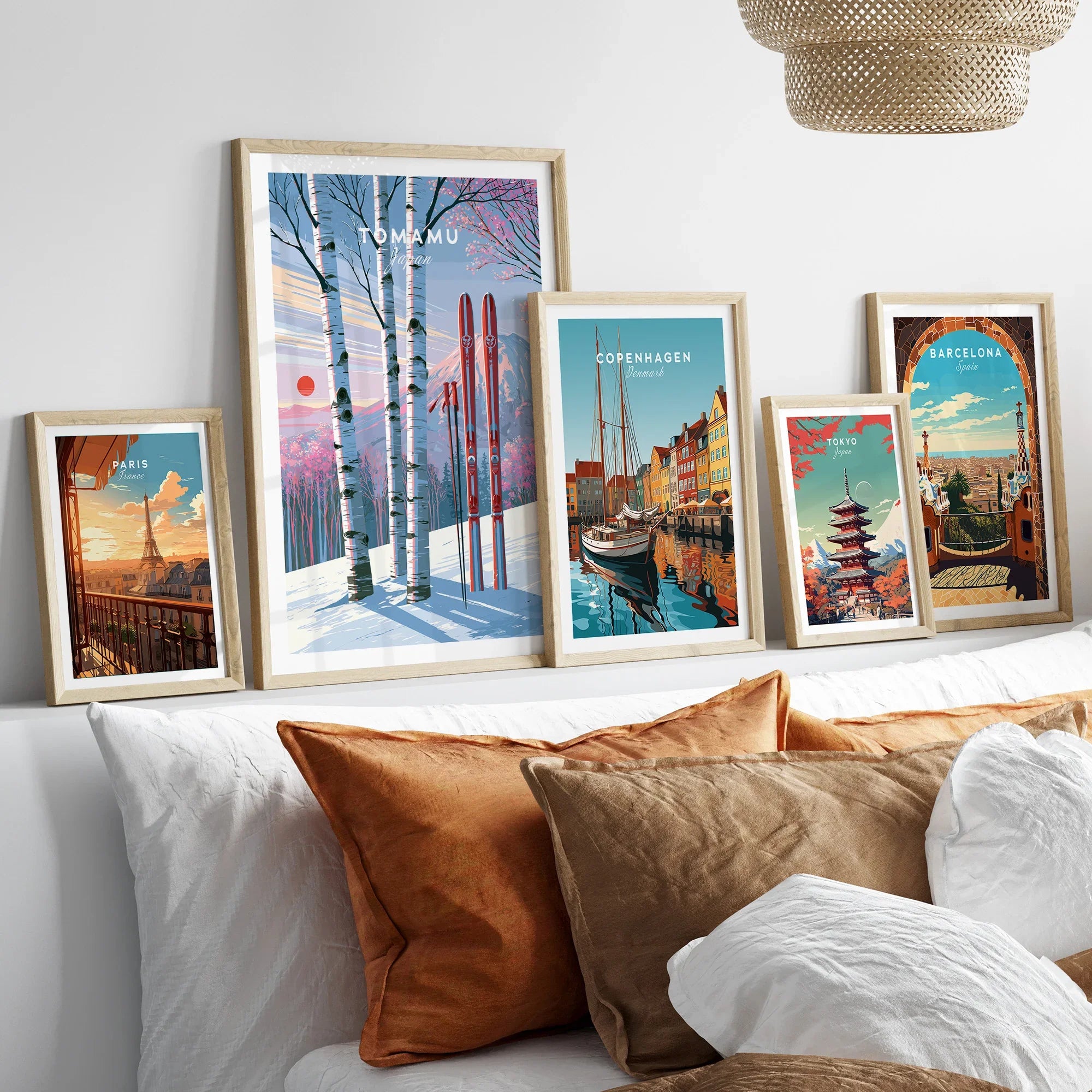 Tomamu Japan Sunset Travel Poster — set five framed artprints above bed natural wood frames