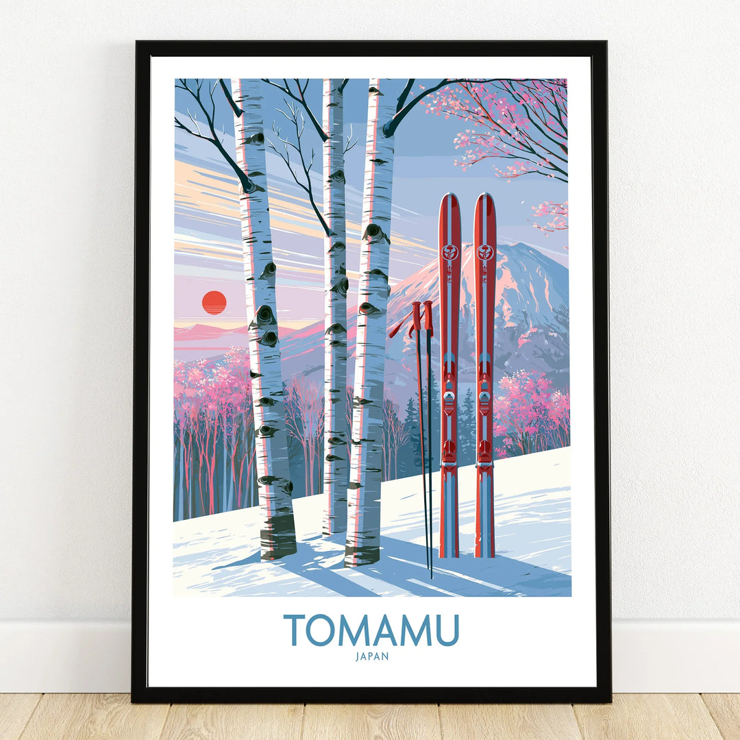Tomamu Japan Birches Wall Art — art print in black frame on wooden floor