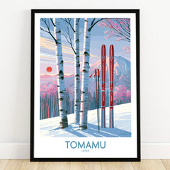 Tomamu Japan Birches Wall Art — art print in black frame on wooden floor