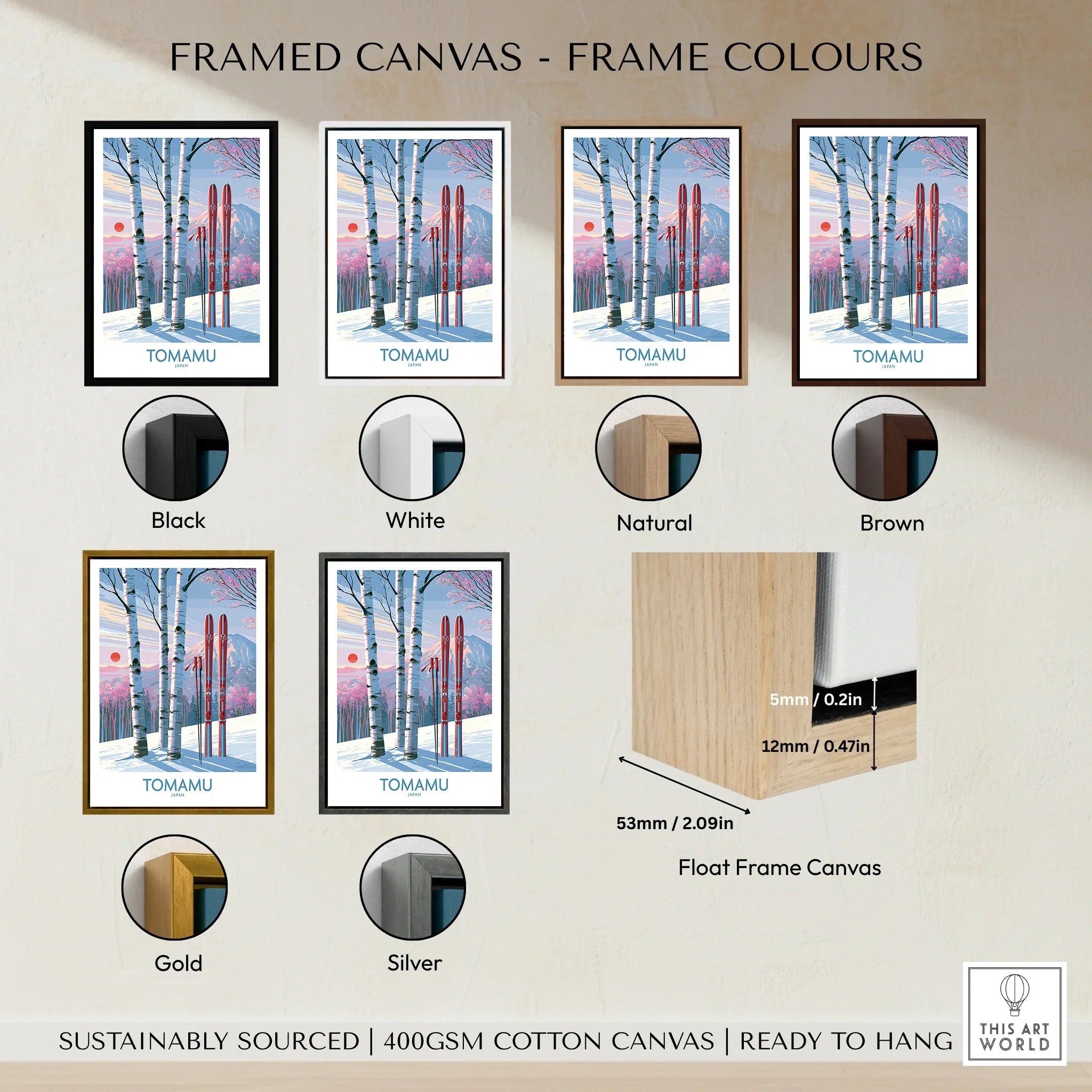 Tomamu Japan Birches Wall Art — framed canvas float frame colour options