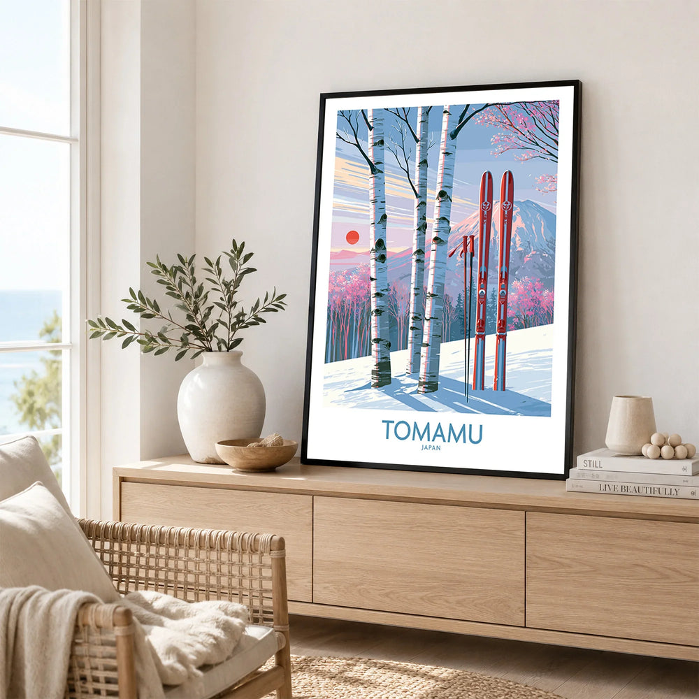 Tomamu Japan Birches Wall Art — framed artwork living room lifestyle setting
