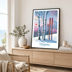 Tomamu Japan Birches Wall Art — framed artwork living room lifestyle setting