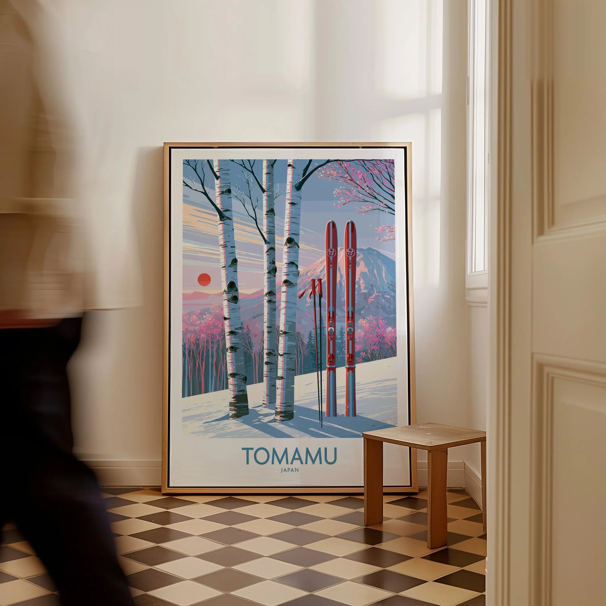 Tomamu Japan Birches Wall Art — framed canvas on floor man walking past