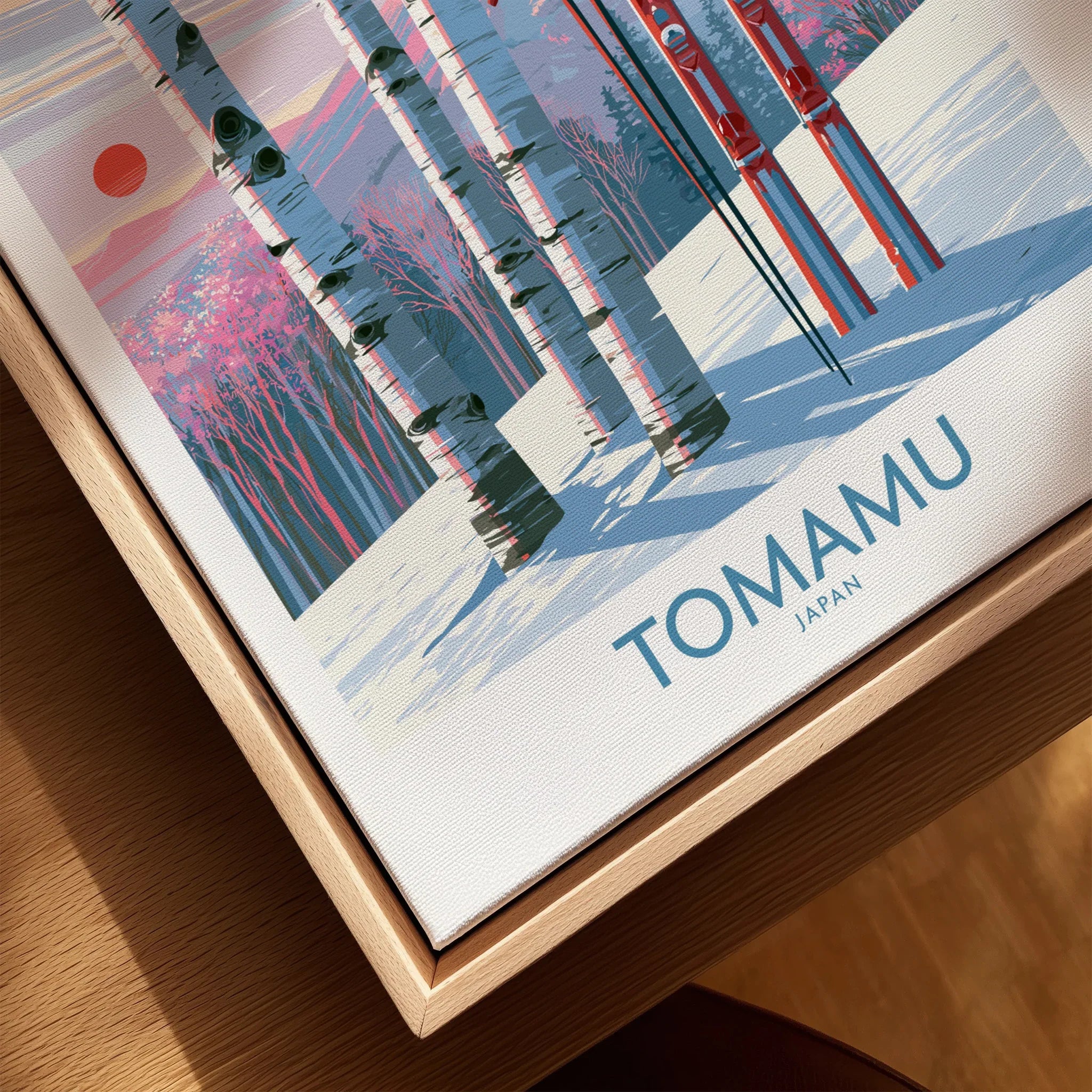 Tomamu Japan Birches Wall Art — closeup framed canvas natural wood floating frame