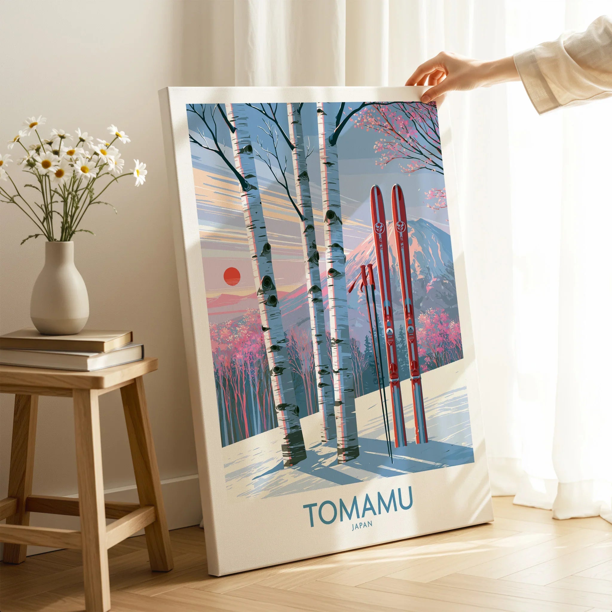Tomamu Japan Birches Wall Art — canvas print mirror edge hand holding room setting