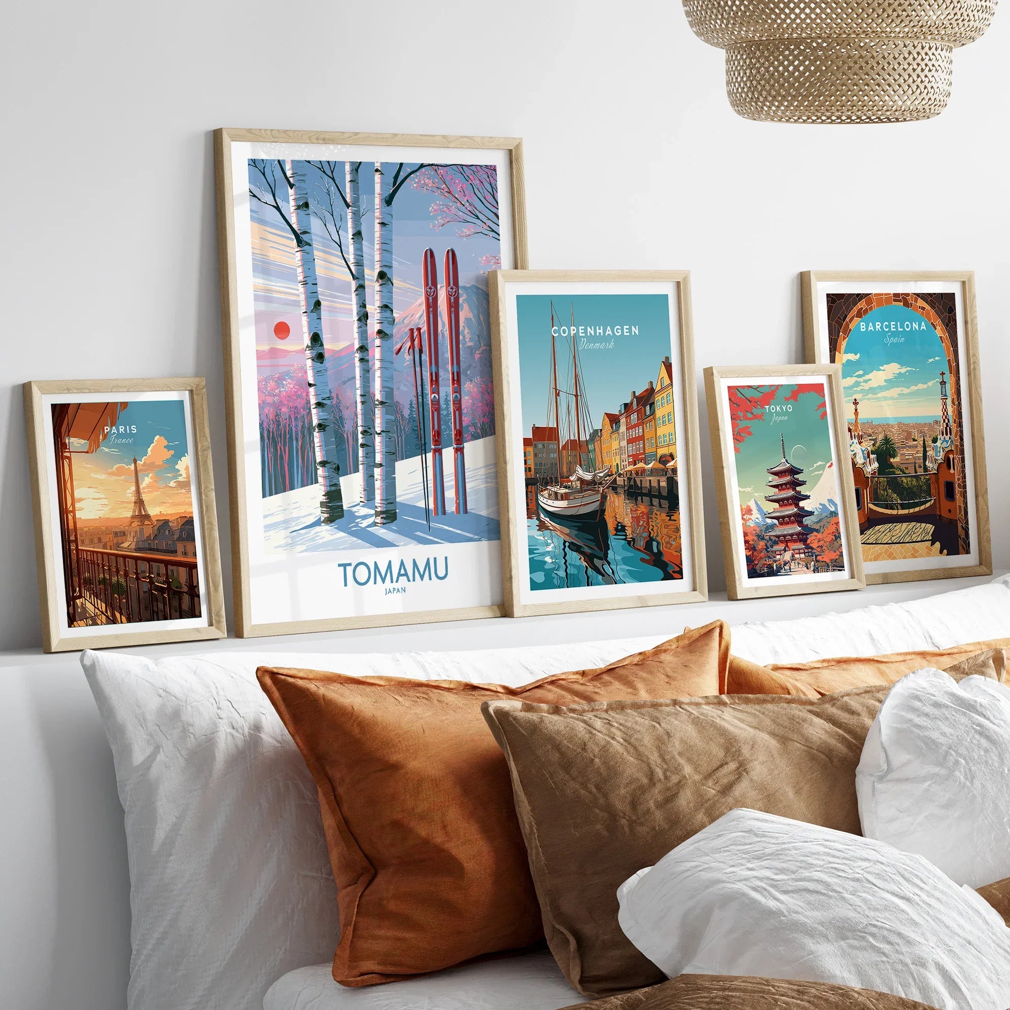 Tomamu Japan Birches Wall Art — set five framed artprints above bed natural wood frames