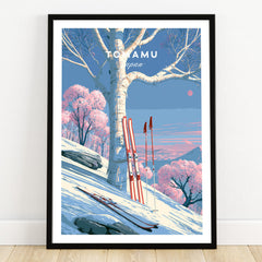 Tomamu Japan Birch Travel Poster — art print in black frame on wooden floor