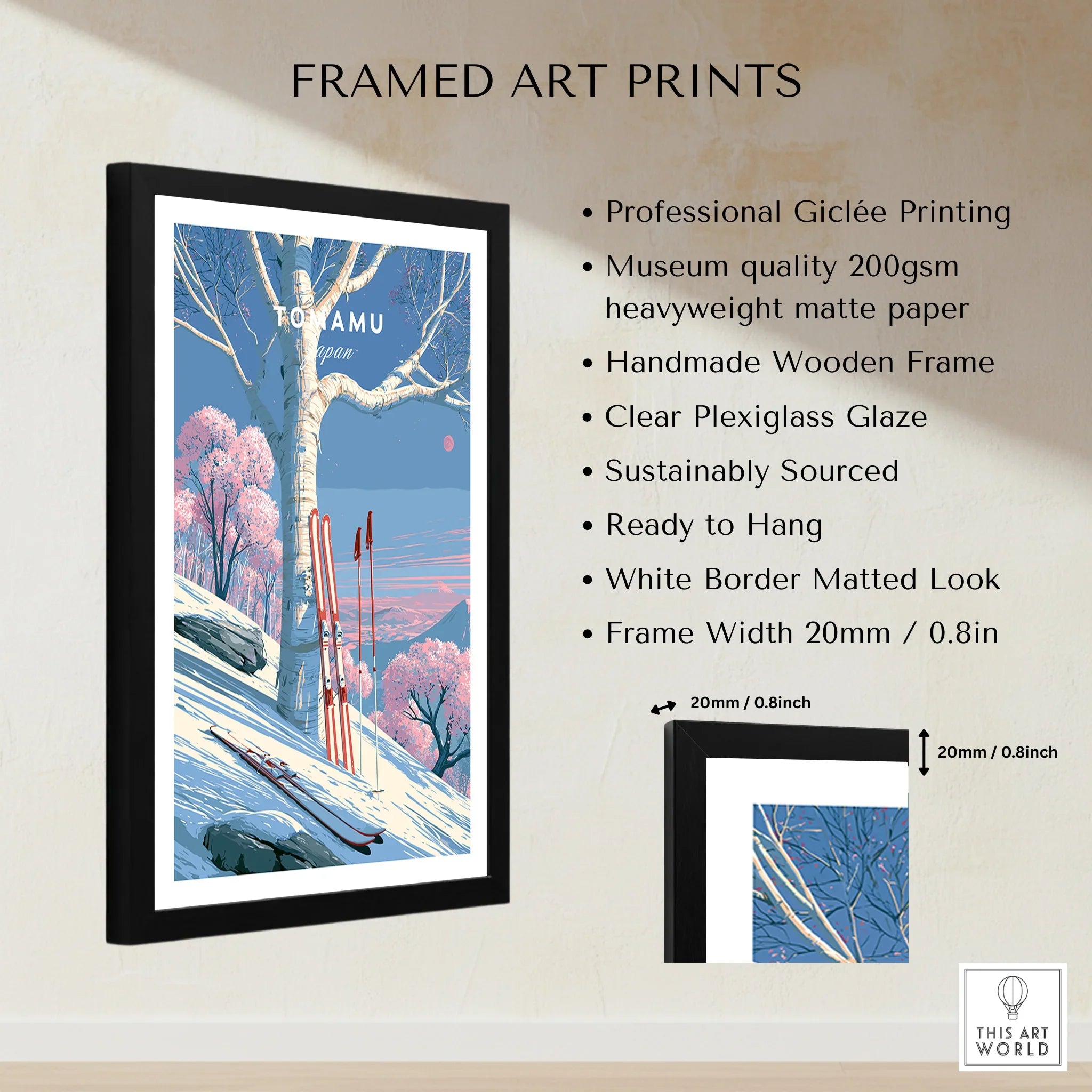 Tomamu Japan Birch Travel Poster — framed print details measurements quality details
