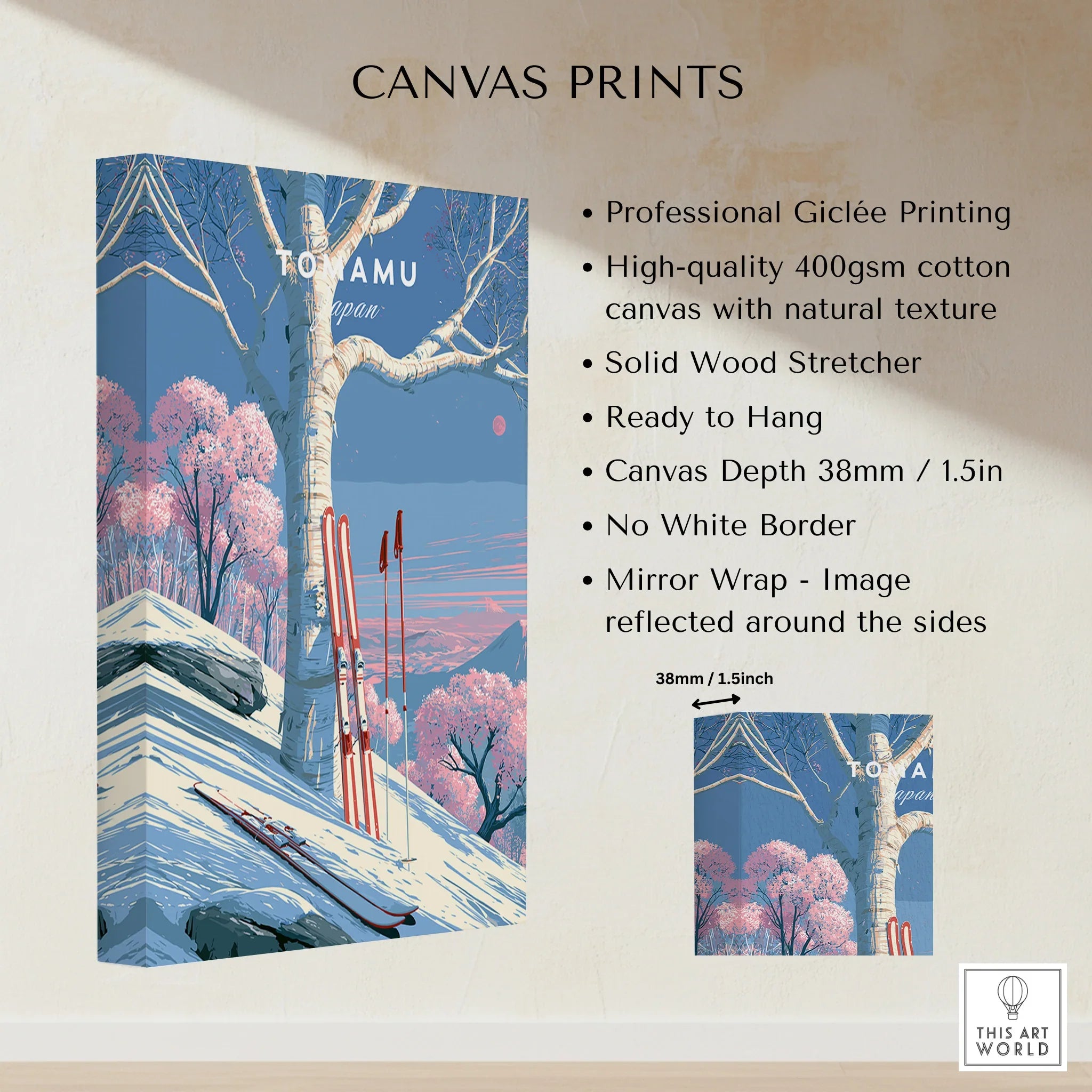 Tomamu Japan Birch Travel Poster — canvas print stretched cotton canvas details