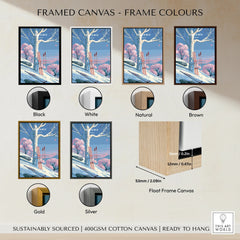 Tomamu Japan Birch Travel Poster — framed canvas float frame colour options