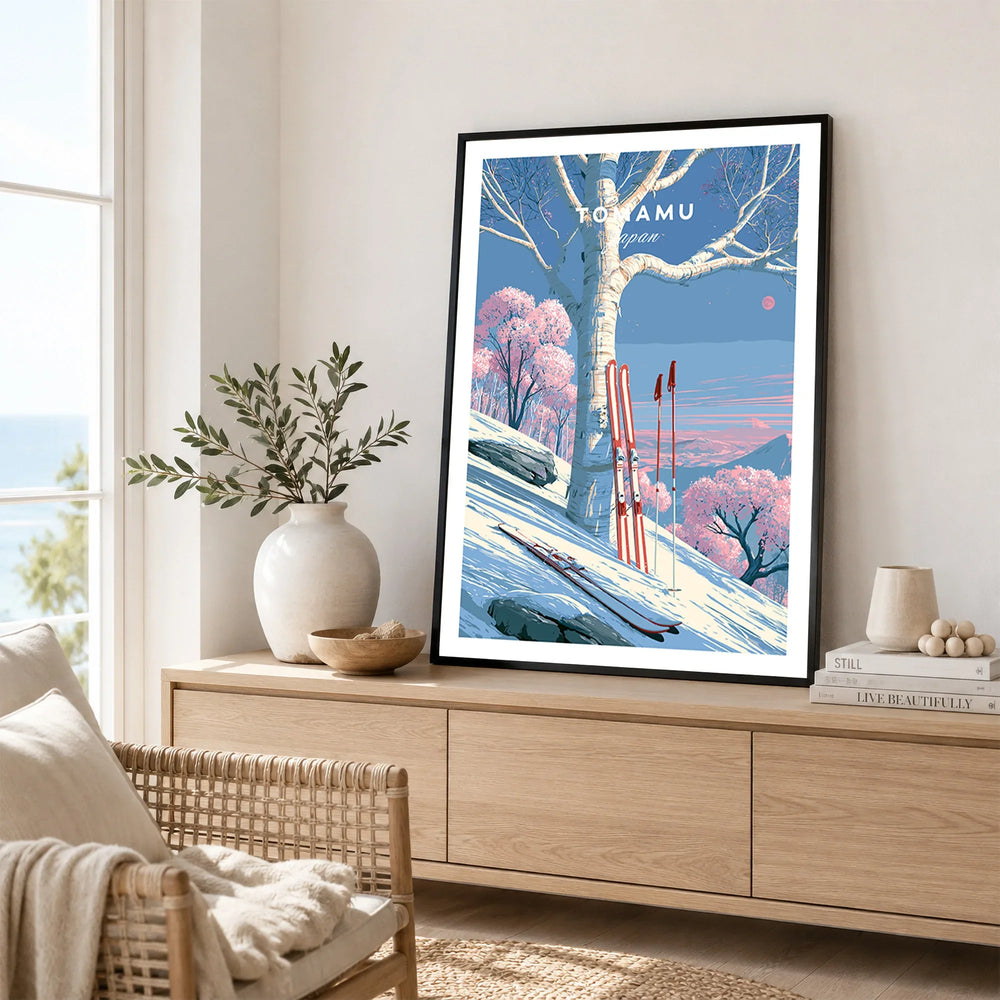 Tomamu Japan Birch Travel Poster — framed artwork living room lifestyle setting