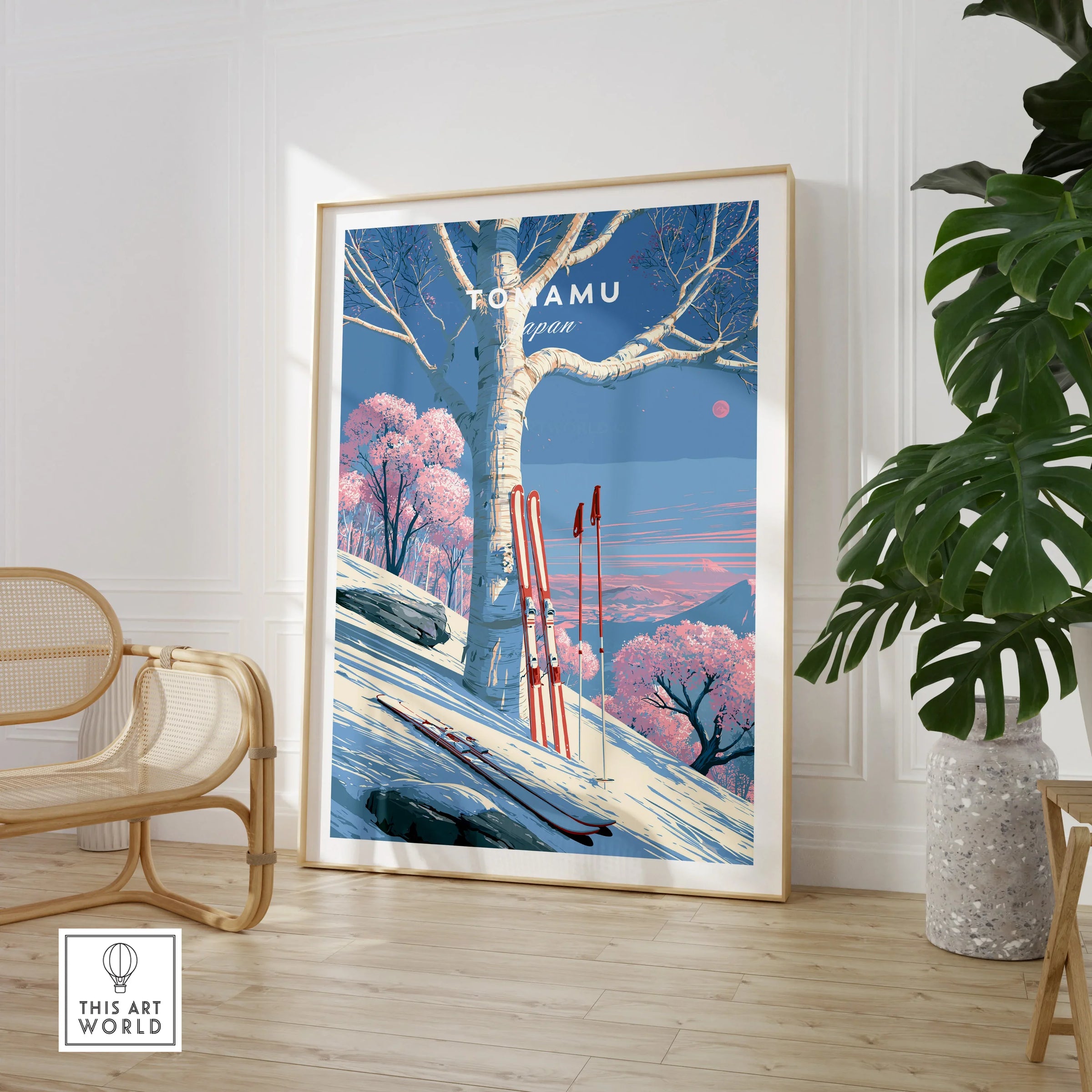 Tomamu Japan Birch Travel Poster — large framed print room setting chair plant