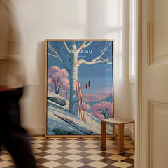 Tomamu Japan Birch Travel Poster — framed canvas on floor man walking past