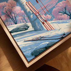 Tomamu Japan Birch Travel Poster — closeup framed canvas natural wood floating frame