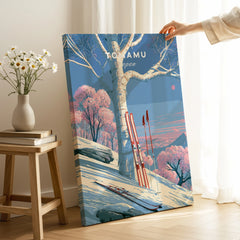 Tomamu Japan Birch Travel Poster — canvas print mirror edge hand holding room setting