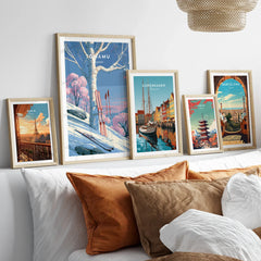 Tomamu Japan Birch Travel Poster — set five framed artprints above bed natural wood frames