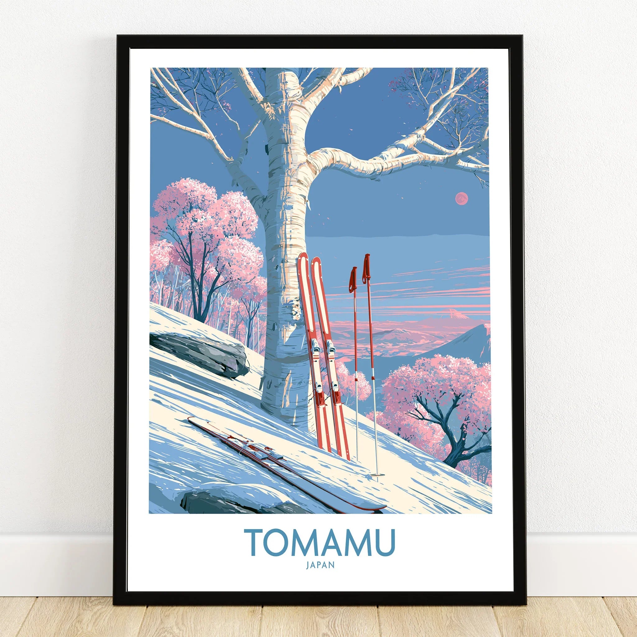 Tomamu Japan Blossom Wall Art — art print in black frame on wooden floor