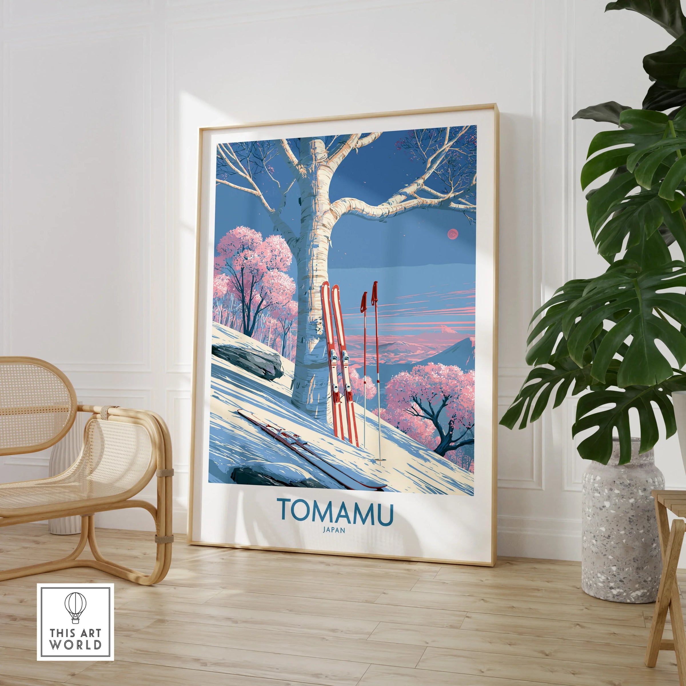 Tomamu Japan Blossom Wall Art — large framed print room setting chair plant