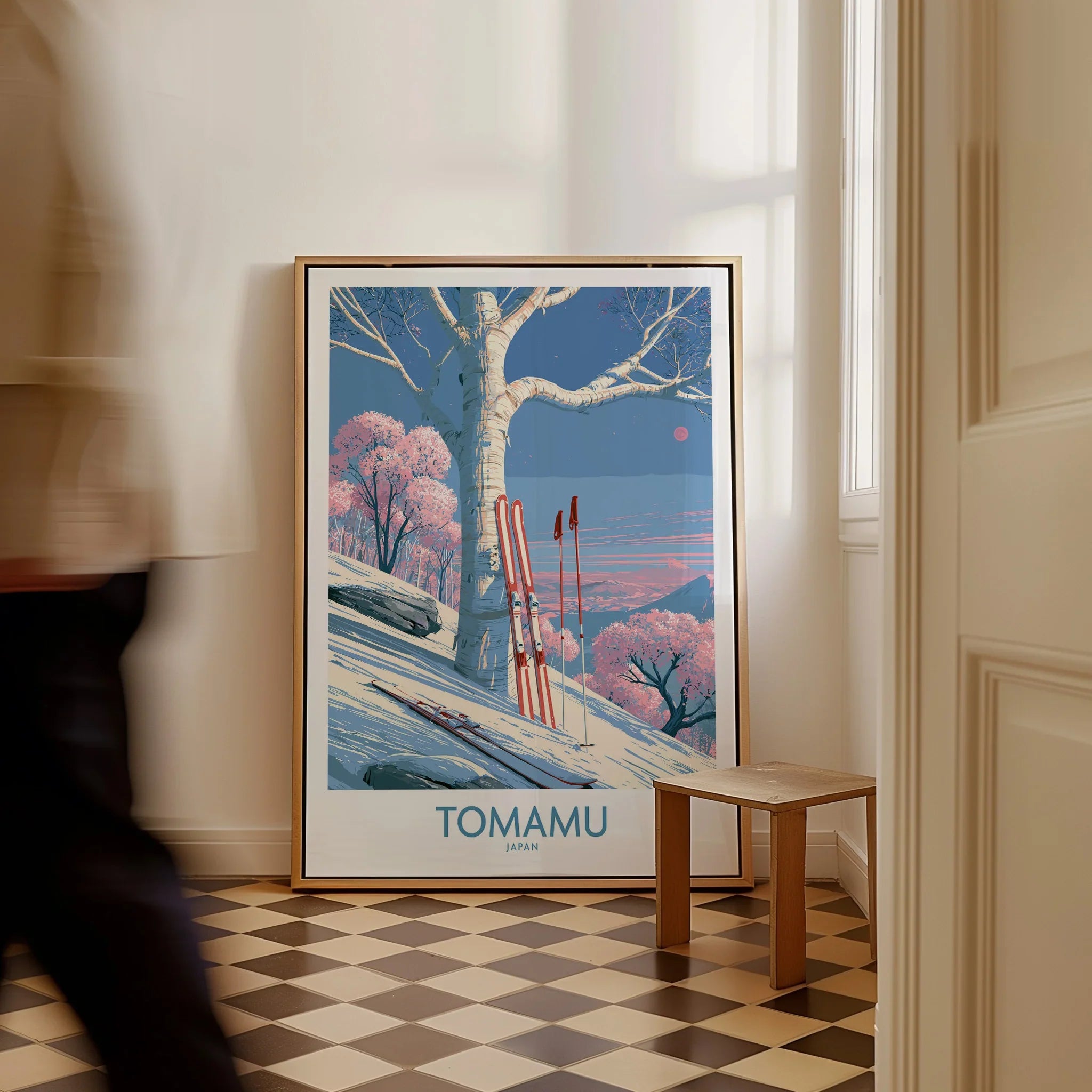 Tomamu Japan Blossom Wall Art — framed canvas on floor man walking past
