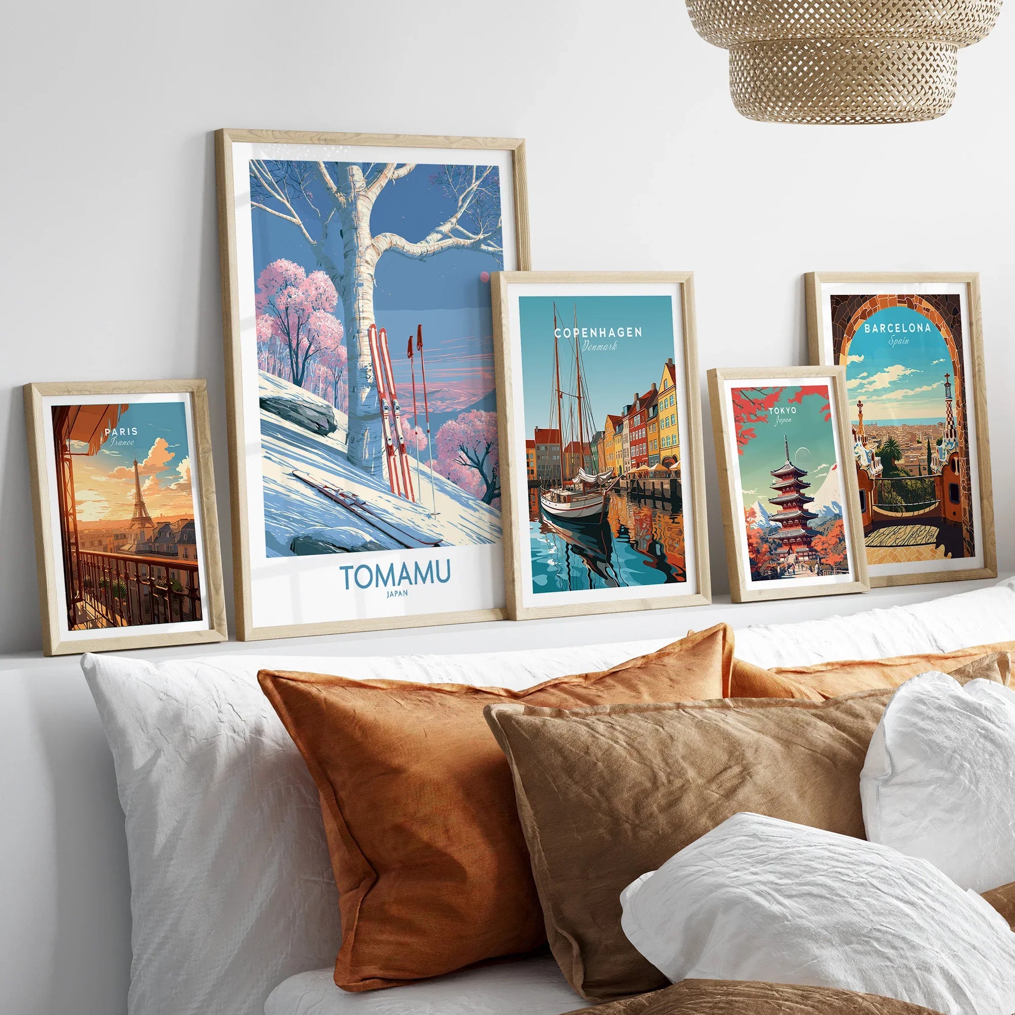 Tomamu Japan Blossom Wall Art — set five framed artprints above bed natural wood frames