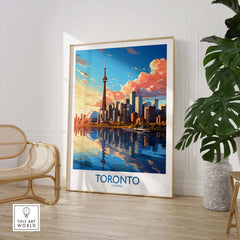 Toronto skyline wall art print featuring a sunset reflection, perfect for home decor or gift ideas.