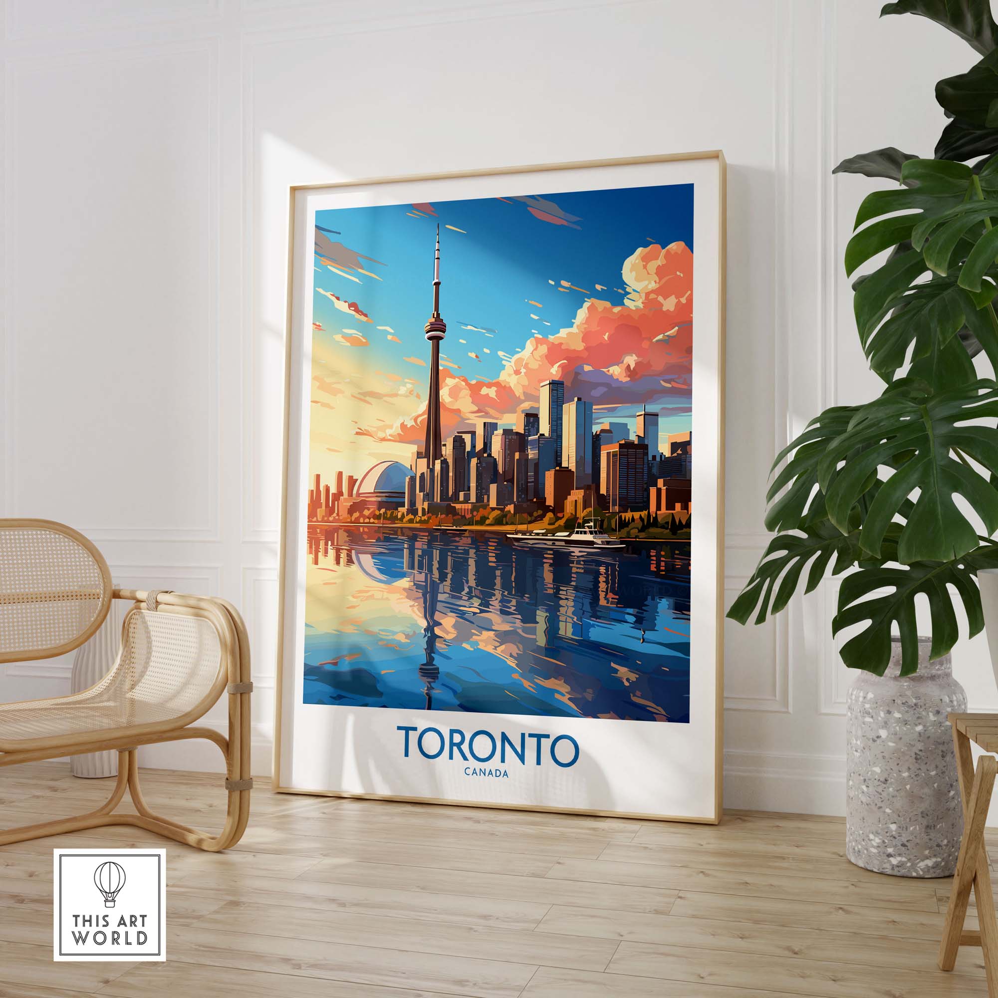 Toronto skyline wall art print featuring a sunset reflection, perfect for home decor or gift ideas.
