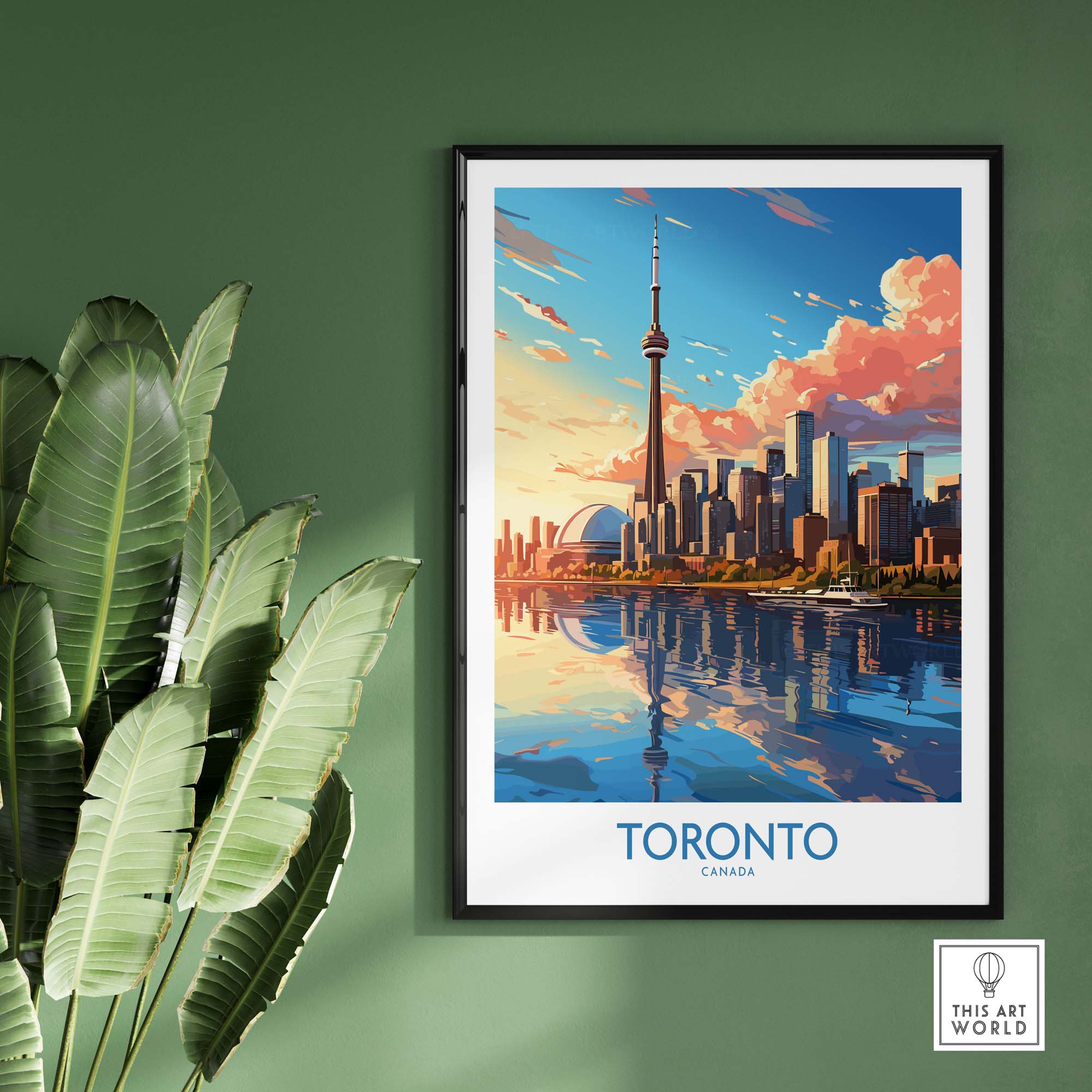 Toronto skyline wall art print featuring CN Tower and vibrant sunset colors, perfect for home decor or gifts.