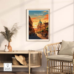Toulouse poster featuring a stunning sunset view in a stylish living room setting, perfect French wall art.