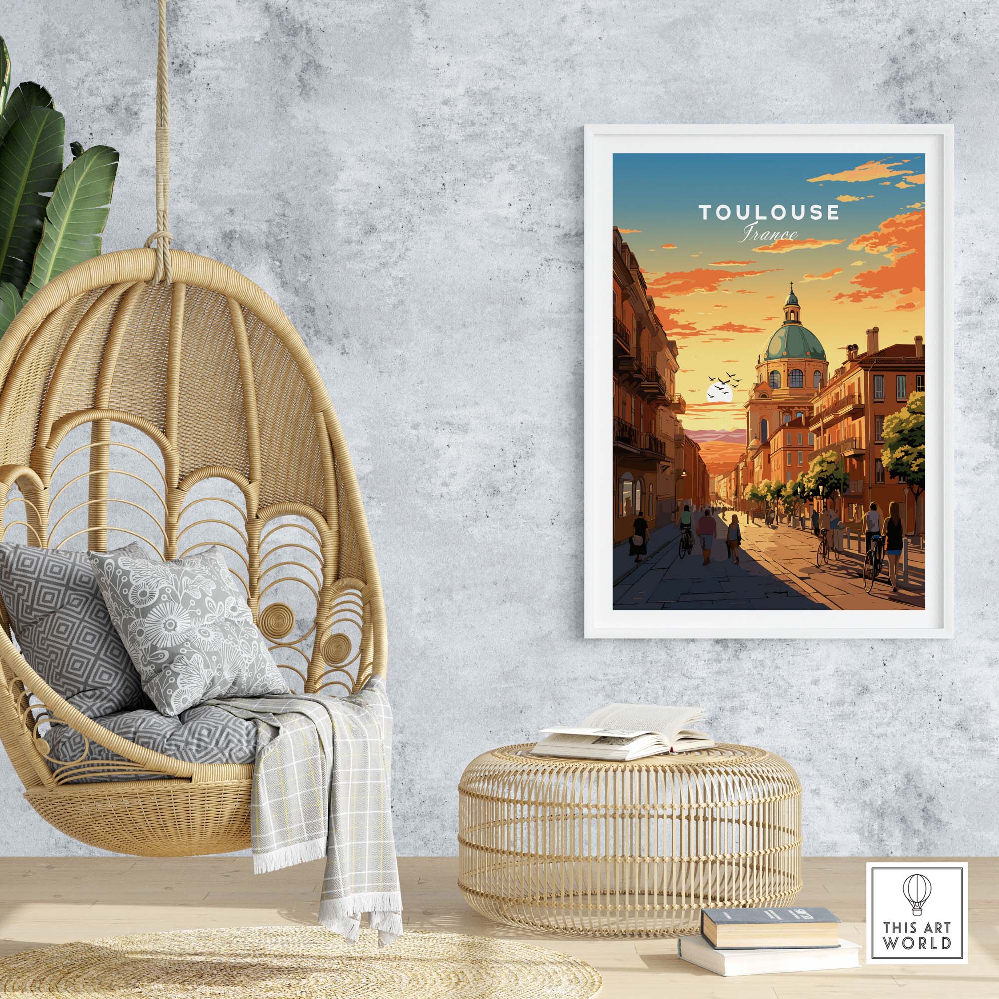 Toulouse poster showcasing sunset over a charming street in Toulouse, perfect for French wall art decor.