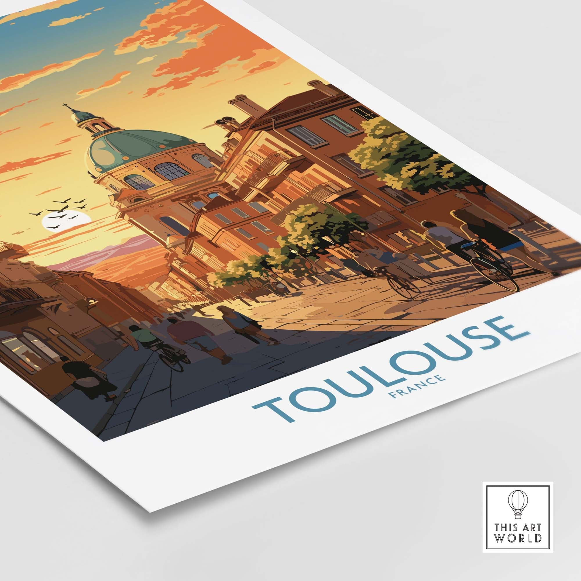 Toulouse print featuring vibrant sunset and city life, capturing the charm of France for home decor.
