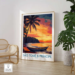 Tranquil Beach Sunset: São Tomé & Príncipe Art Print featuring a vibrant sunset over the ocean with a boat.