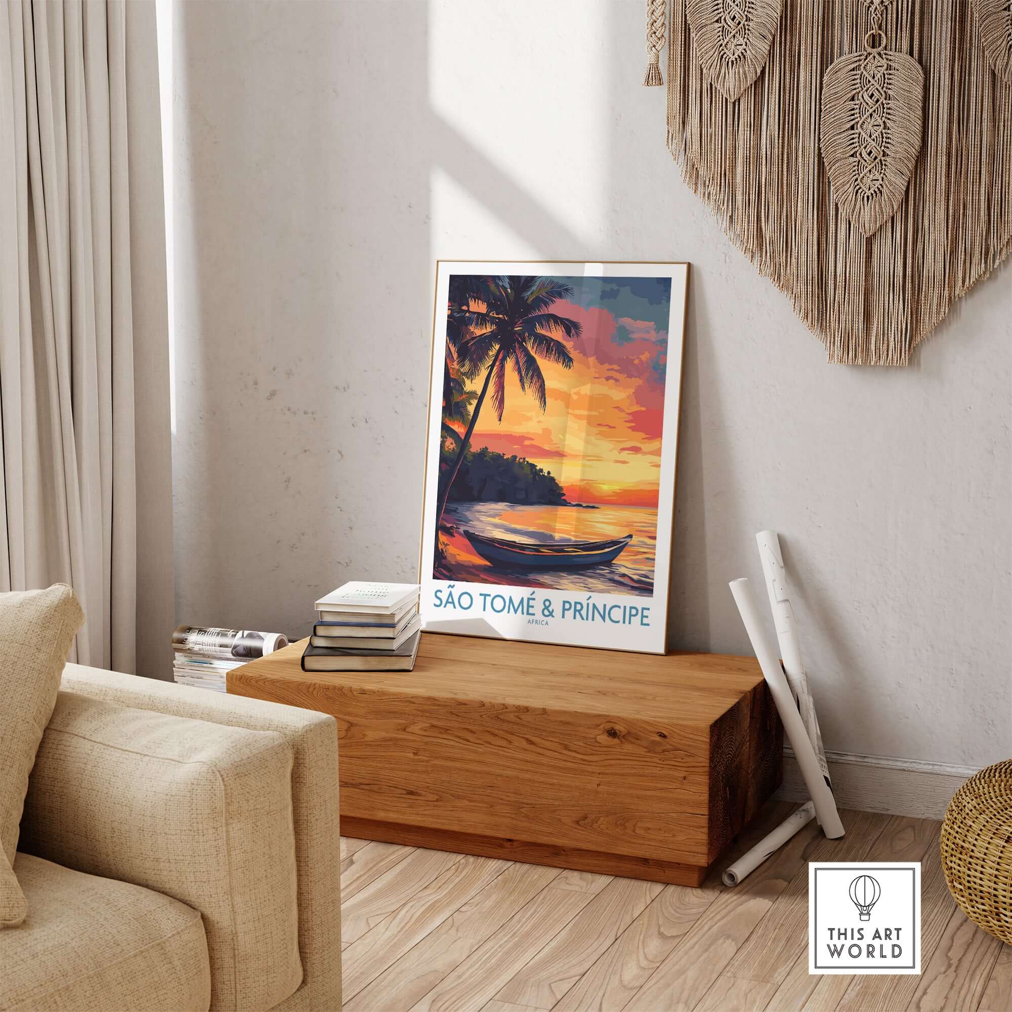 Tranquil Beach Sunset: São Tomé & Príncipe Art Print displayed in a cozy living room setting, featuring vibrant sunset colors.
