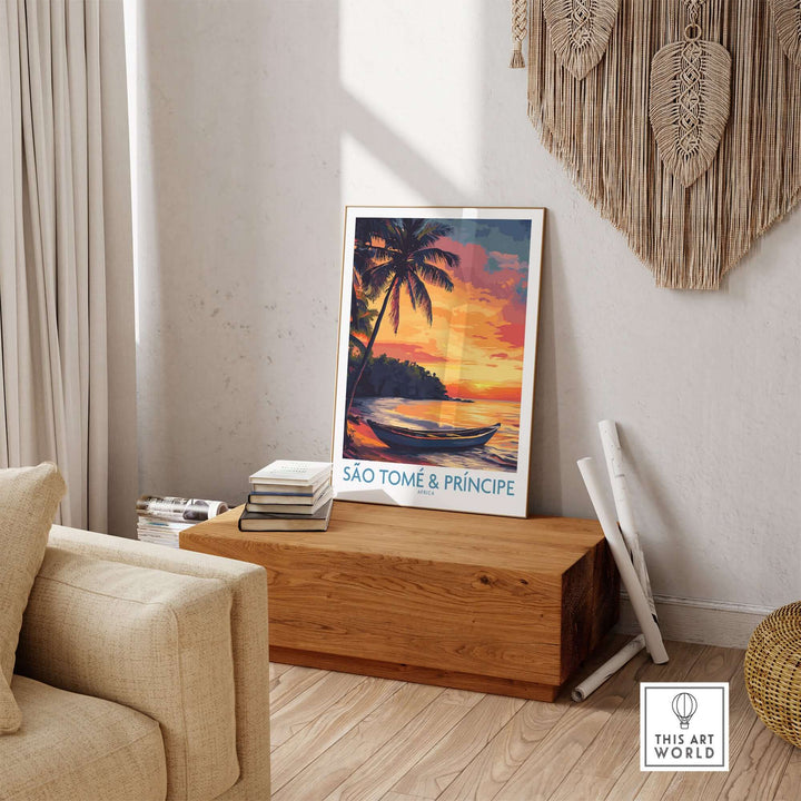 Tranquil Beach Sunset art print of São Tomé & Príncipe displayed in a serene living room setting.