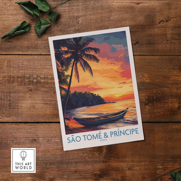 Tranquil beach sunset art print of São Tomé & Príncipe with palm trees and a boat on serene waters.