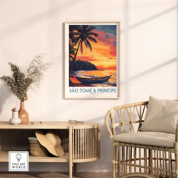 São Tomé & Príncipe beach sunset art print in a stylish living room, evoking tranquility and relaxation.